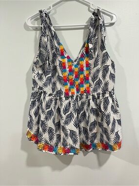 THML Navy Leaf Print Sleeveless Top with Multicolor Embroidery